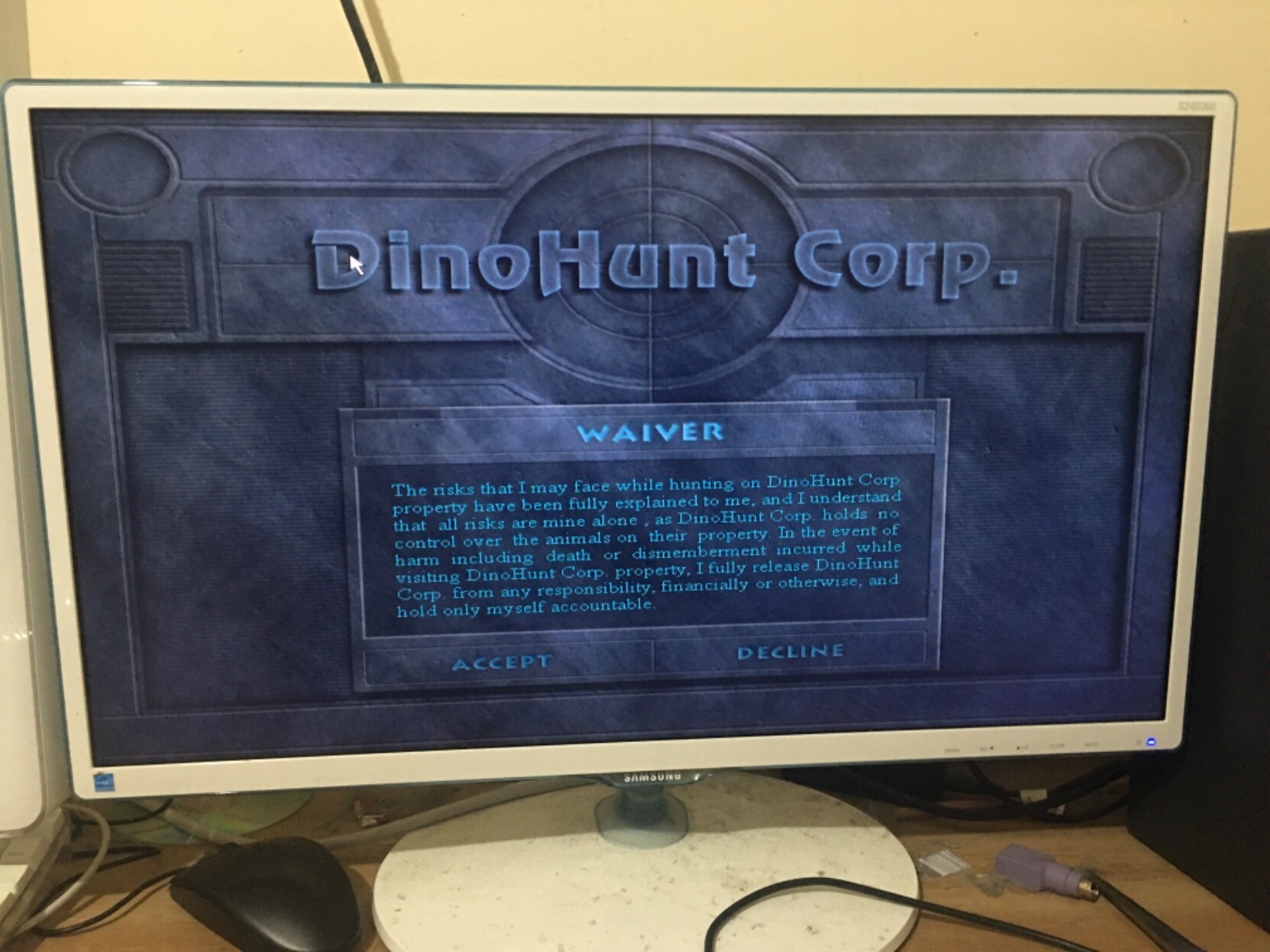 Carnivores game waiver screen.