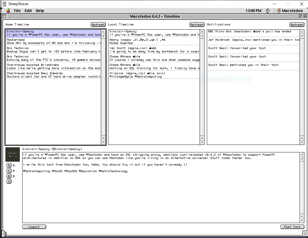 Macstodon running on Mac OS 9 via Sheepshaver.