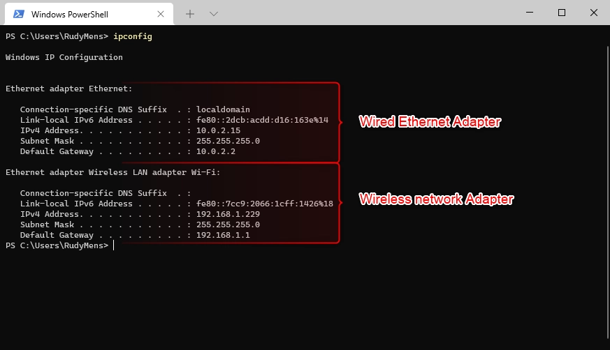 A Windows powershell window running the ipconfig command to show data for a wired Ethernet adapter and wireless network adapter.